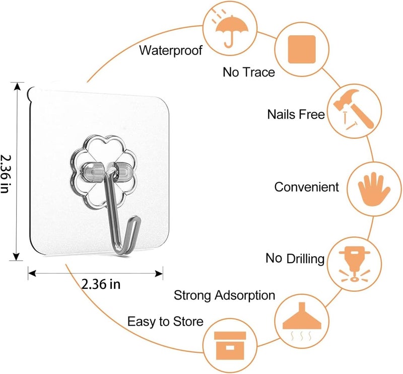 Adove Adhesive Hooks for Hanging, Heavy Duty Wall Hooks 20 Pack, Removable Sticky Ceiling Hooks, Transparent Self Adhesive Shower Hooks, Water & Oil Proof Strong 22lb(Max) Door Coat Hooks - Image 2